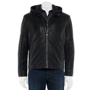 Apt 9 Faux Leather Moto Jacket Men XXL Removable Hooded Pockets $200